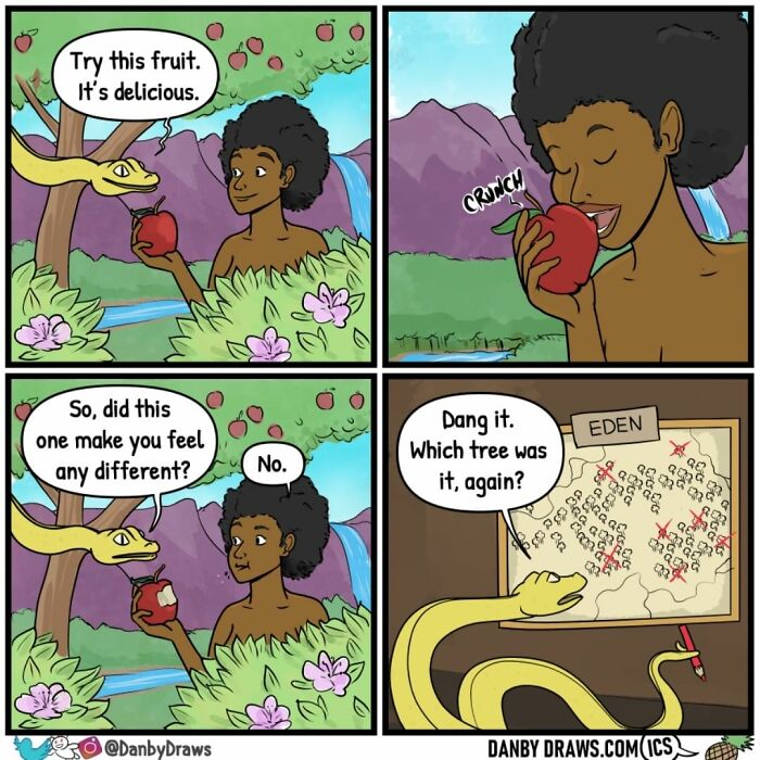 Comic strip featuring a snake and person in a garden, a humorous twist about fruit and the Tree of Eden in silly comics.