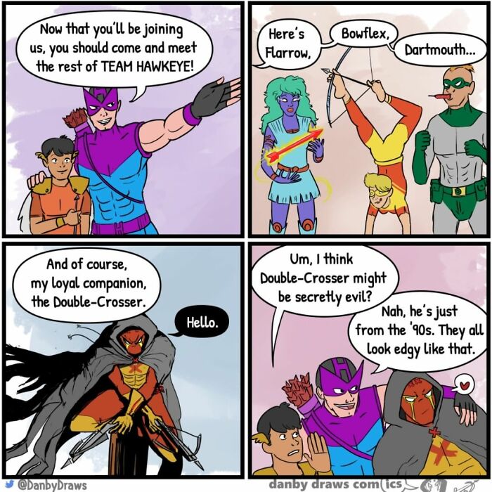 Comic panels showing a humorous superhero team introduction with unexpected twists and playful characters by Danby Draws.