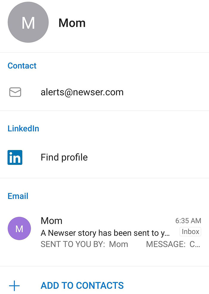 Email contact screen showing a message from Mom with a Newser story, related to evil marketing techniques and business secrets.