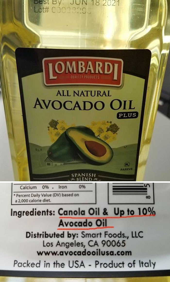 Bottle labeled as all natural avocado oil containing mostly canola oil, highlighting deceptive marketing techniques in product labeling.