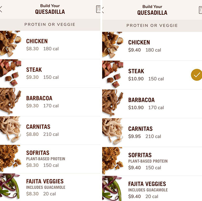 Comparison of menu prices illustrating evil marketing techniques in business pricing strategies for protein or veggie options.