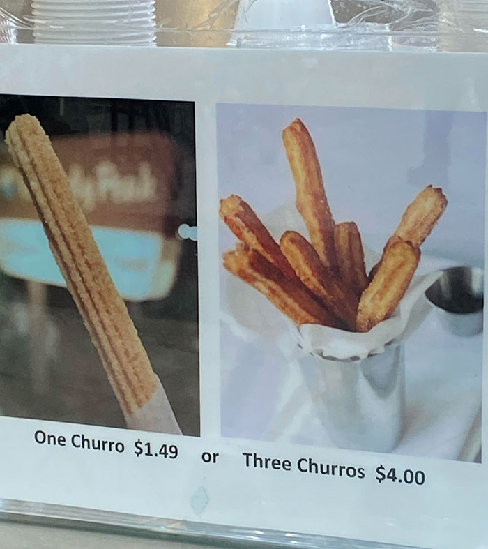 Price comparison marketing technique showing one churro for 1.49 versus three churros for 4.00 to influence buyers