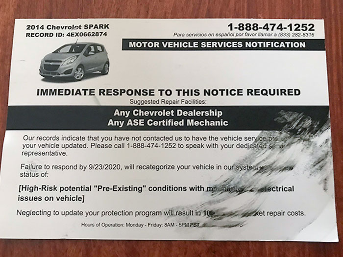 Fake motor vehicle services notification letter warning of high-risk conditions, illustrating evil marketing techniques used by businesses.