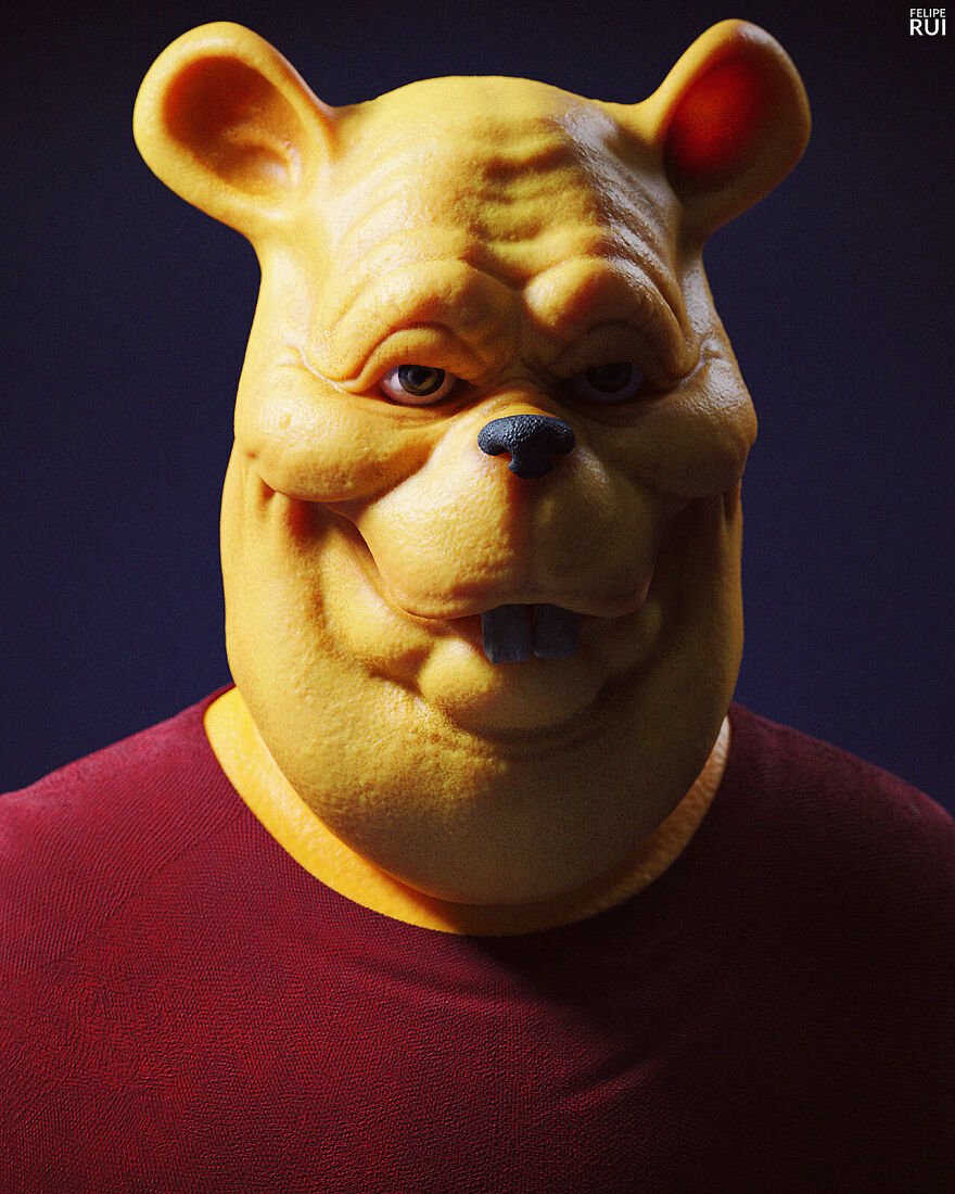 Terrifying digital artist rendition of a popular character with unsettling realistic features and worn expression.