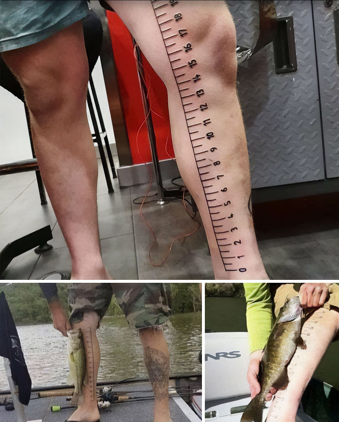 Tattoo of a ruler on a person's leg, showcasing an interesting first tattoo idea for measuring caught fish.