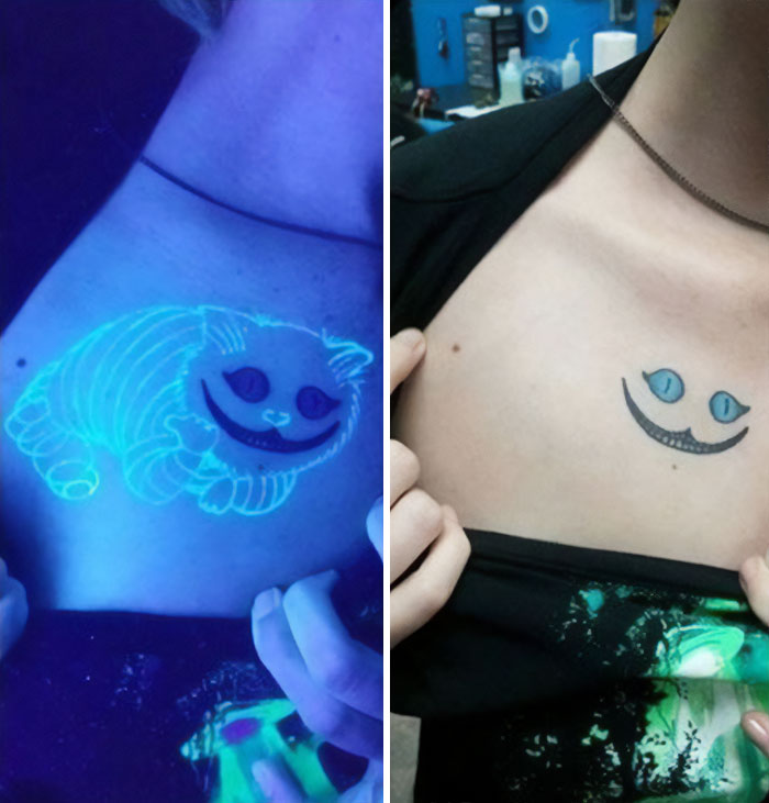 UV tattoo of a smiling cat on a person's chest, glowing under black light, showcasing a unique first tattoo idea.