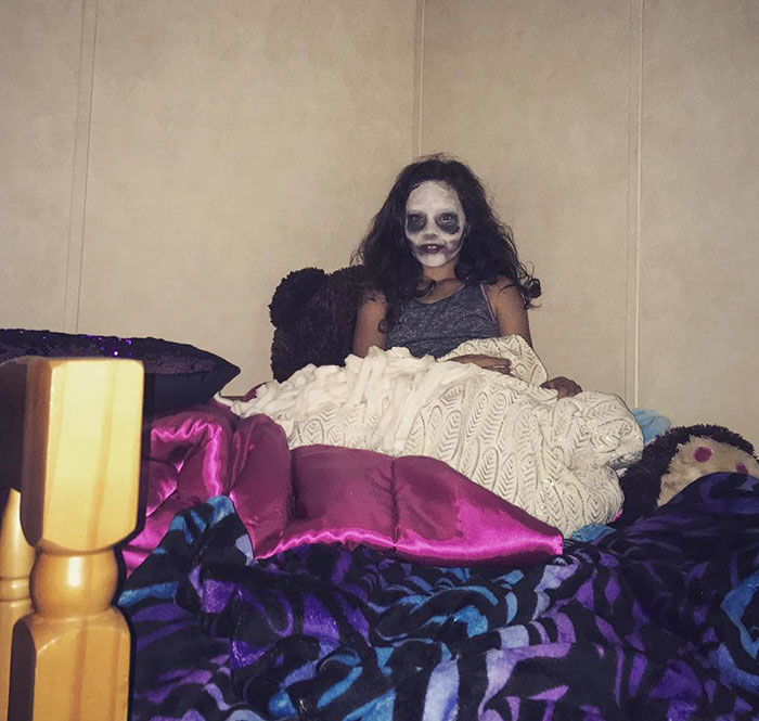Practicing Halloween Makeup And She Decided She Wants To Scare Her Brother When He Comes Home. So This Little Creep Is Sitting Nonchalant Awaiting His Arrival
