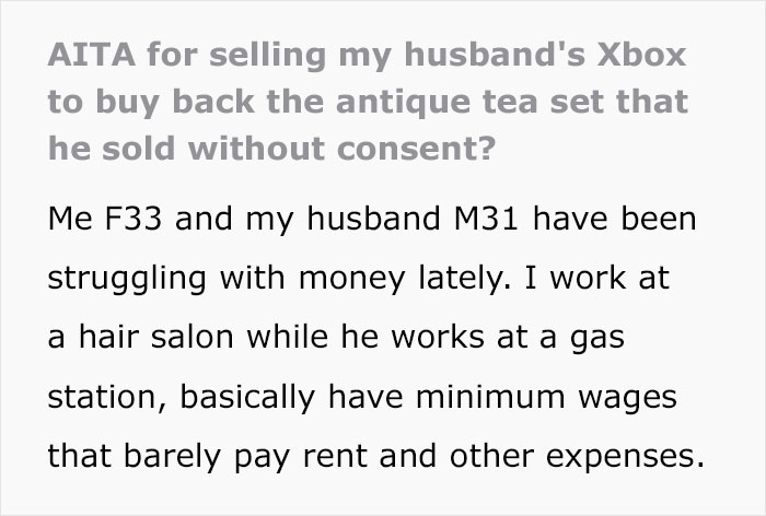 Husband Sells His Wife's Antique Tea Set For $300, Justifying He Needed The Money For His Nephew, She Sells His Xbox To Buy It Back