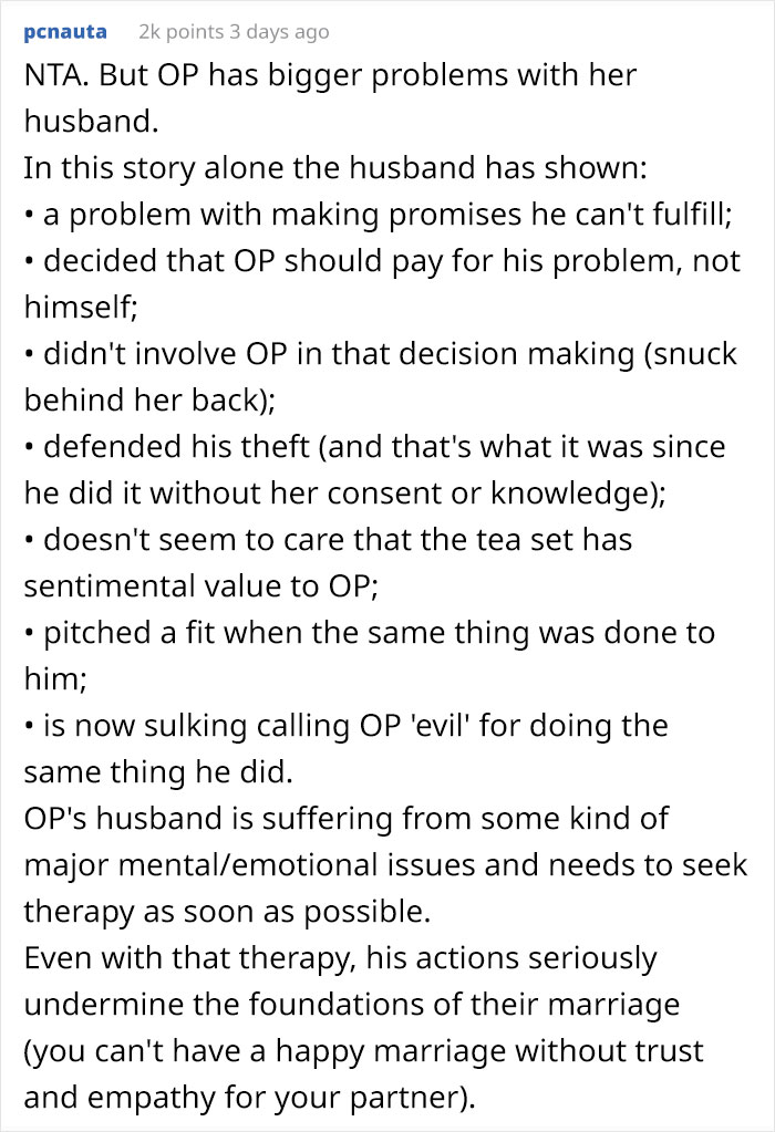 Husband Sells His Wife's Antique Tea Set For $300, Justifying He Needed The Money For His Nephew, She Sells His Xbox To Buy It Back
