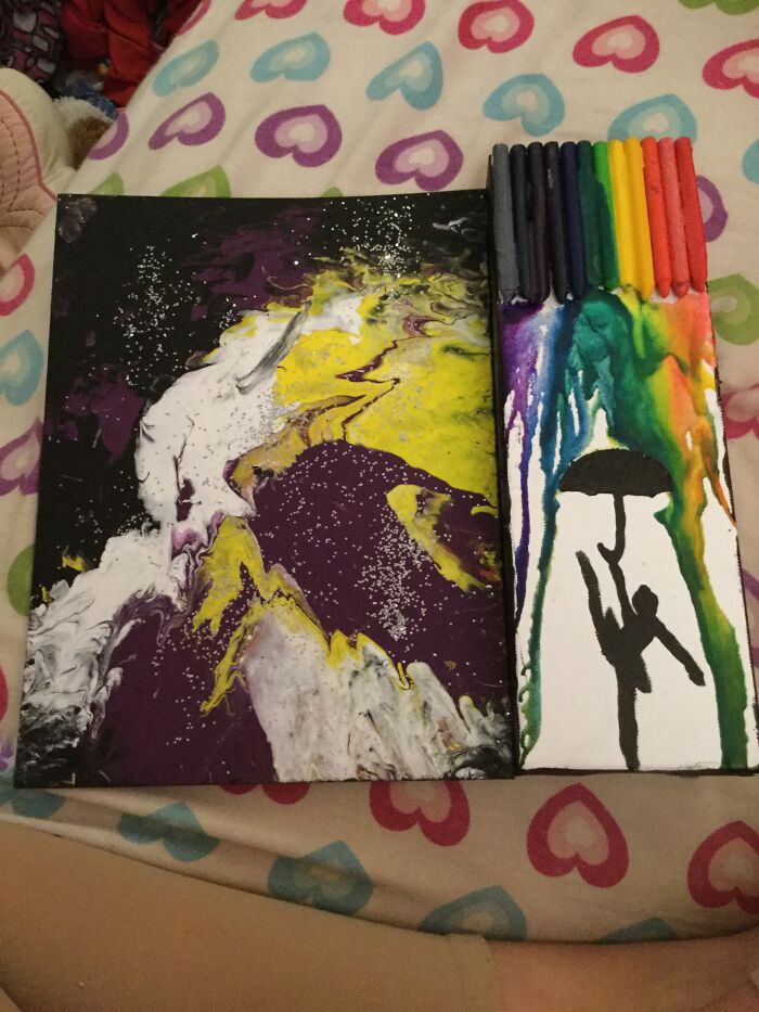 I Have 2! A Dancer Crayon Drip And A Nonbinary Flag Spin Art!