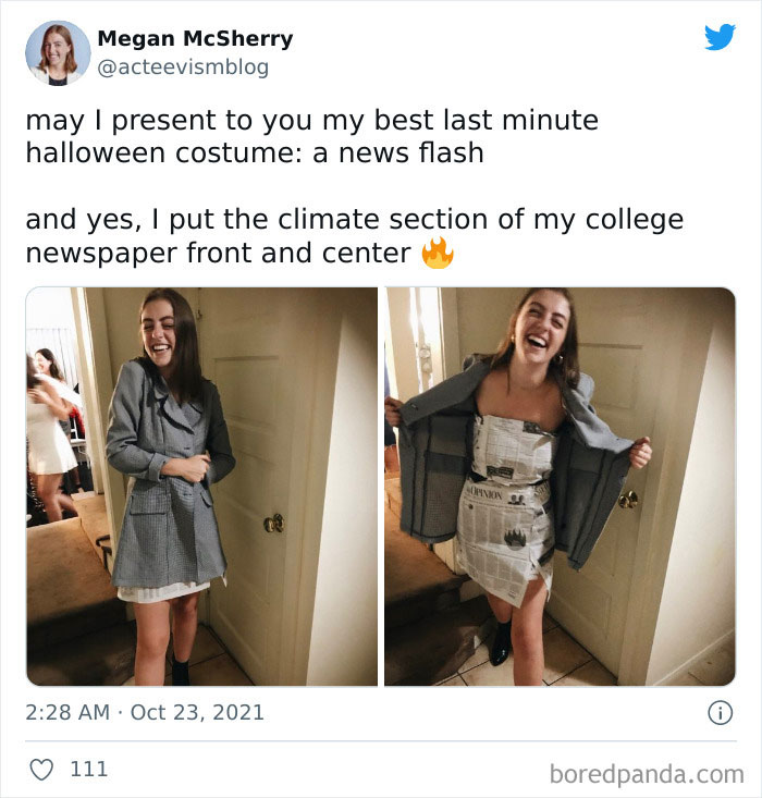 Woman wearing a simple last-minute Halloween costume made from newspaper, showcasing creative low-effort Halloween costumes.