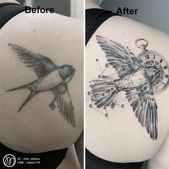 Before and after images of an ink master makeover: an old bird tattoo transformed into a detailed design with clock elements.