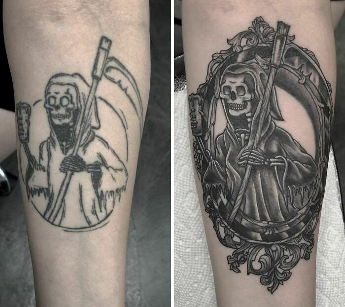 Tattoo makeover of grim reaper from simple outline to detailed black ink by professional ink master.
