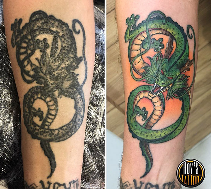 Old tattoo of a dragon transformed by ink master into a vibrant green dragon design on arm.
