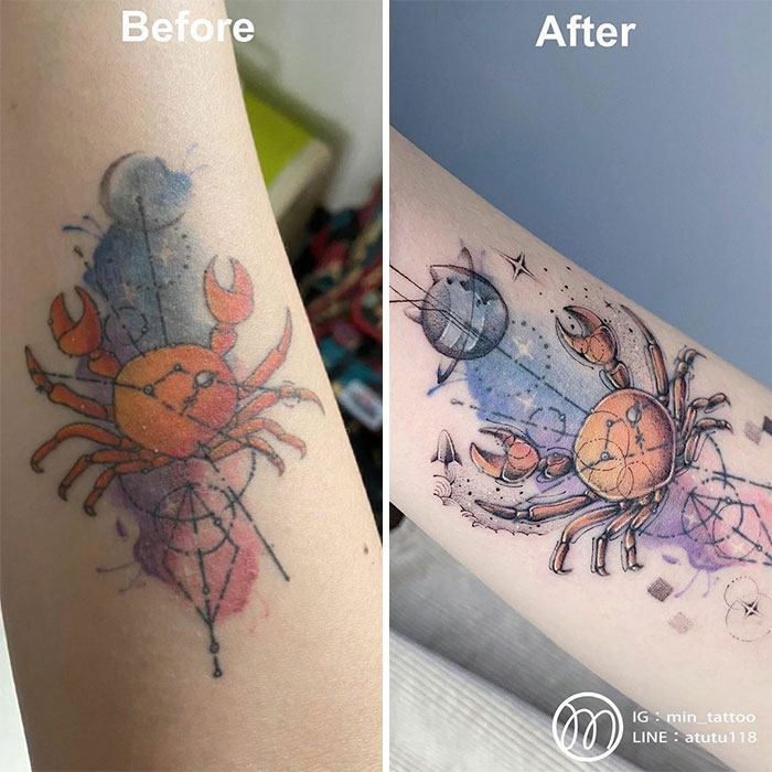 Tattoo makeover of a crab design; before and after transformation by ink masters.