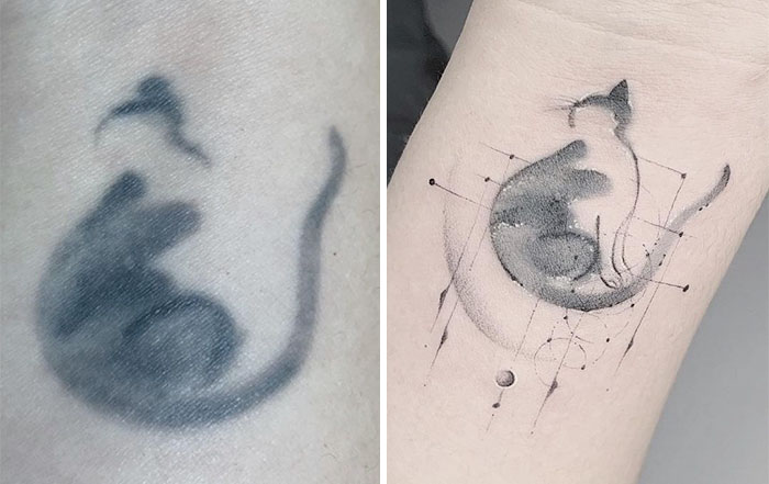 Old and boring tattoo transformed into an artistic and geometric cat design by talented ink masters.