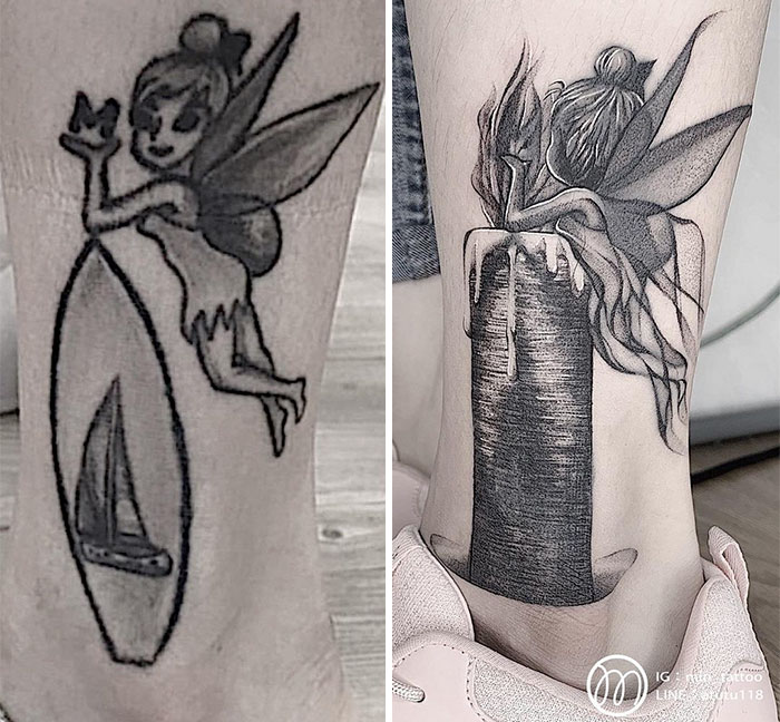 Ink master creatively transforms old tattoo of a fairy into a detailed design with enhanced shading and depth.