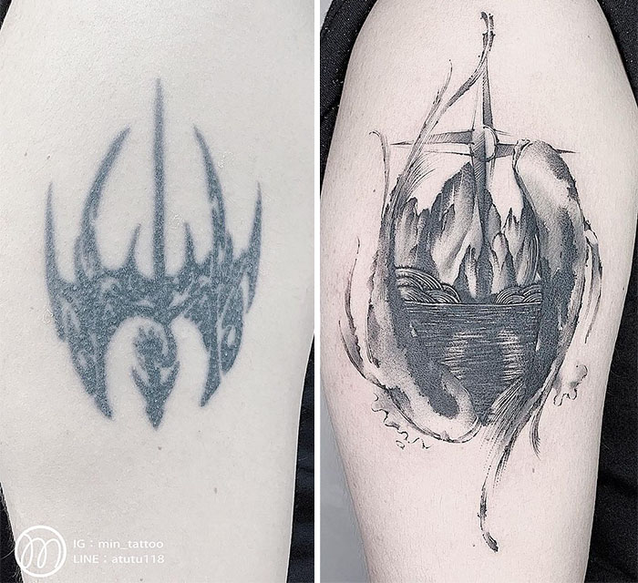 Tattoo makeover showcasing ink masters' skill, transforming an old design into a detailed ship and landscape scene.