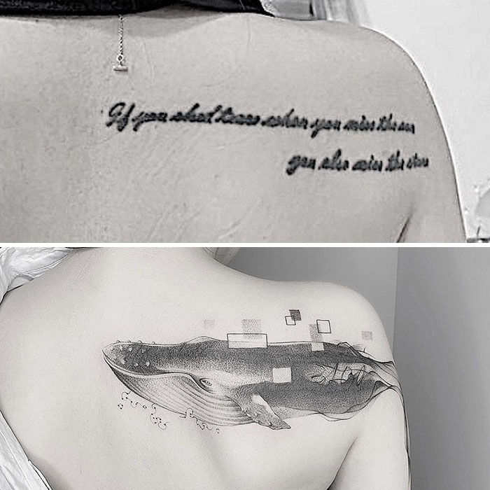 Old tattoo transformed into a detailed whale design by an ink master.