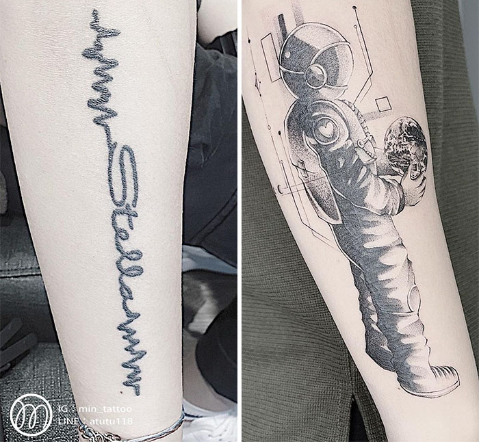 Tattoo makeover by ink master transforms script into a detailed astronaut holding Earth.