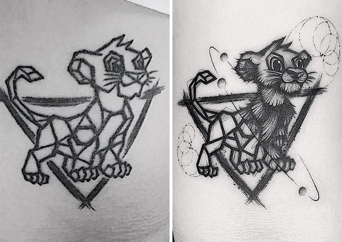 Ink masters transform old dull tattoo into a cool geometric lion with added detail and shading.