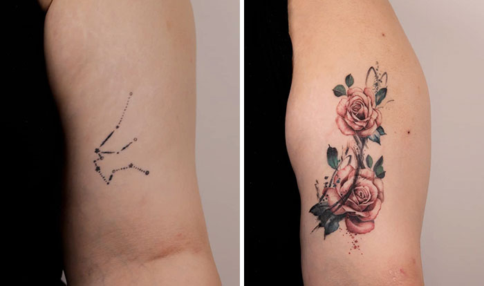 Ink masters transform simple constellation tattoo into vibrant rose design.