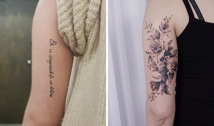Ink masters transformed a simple arm tattoo into intricate floral art.