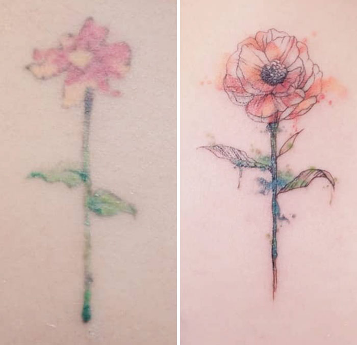 Tattoo makeover by ink masters: faded flower to detailed, vibrant blossom.