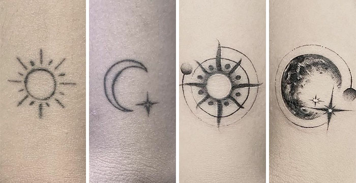 Ink masters transform simple sun and moon tattoos into intricate celestial designs.