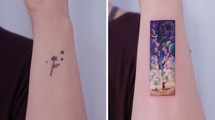 Old tattoo transformed into vibrant space-themed art by ink masters.