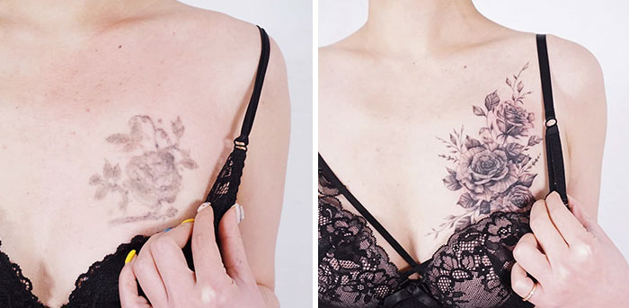 Ink Master makeover: Before and after of a floral tattoo transformation on a woman's chest.