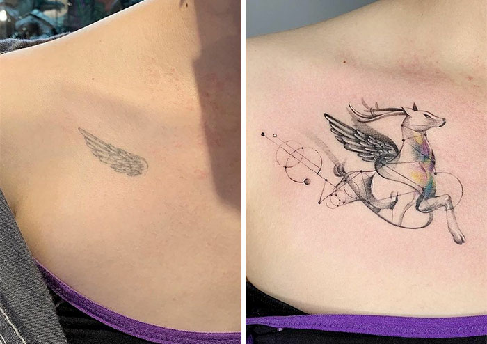 Old wing tattoo transformed into a detailed pegasus by an ink master, featuring geometric elements and soft colors.