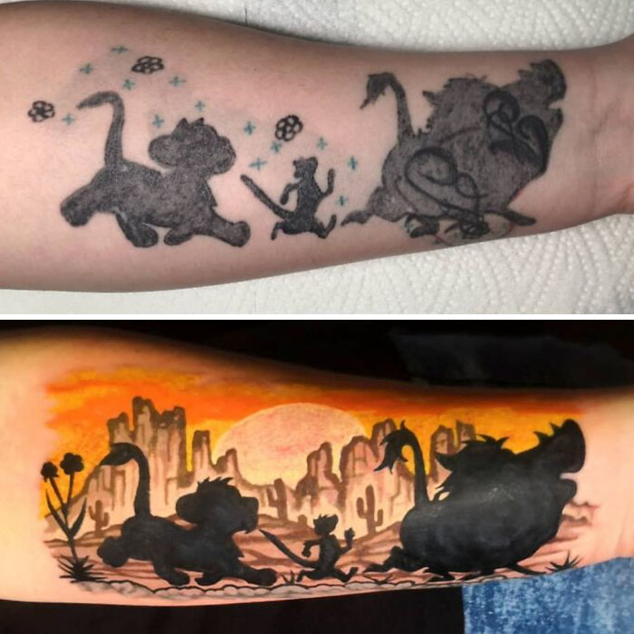 Old tattoo transformed with vibrant colors by ink masters, featuring a sunset and silhouettes of animals against a desert background.