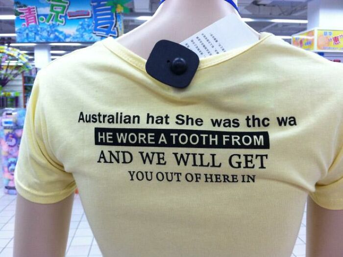 Mannequin wearing a yellow shirt with confusing and incomplete text, illustrating hard to follow train of thought humor.