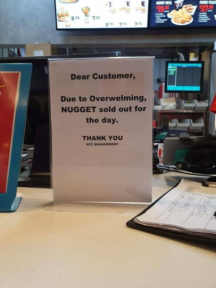 Sign at a fast food counter humorously showing a confusing message that’s hard to follow a person’s train of thought.
