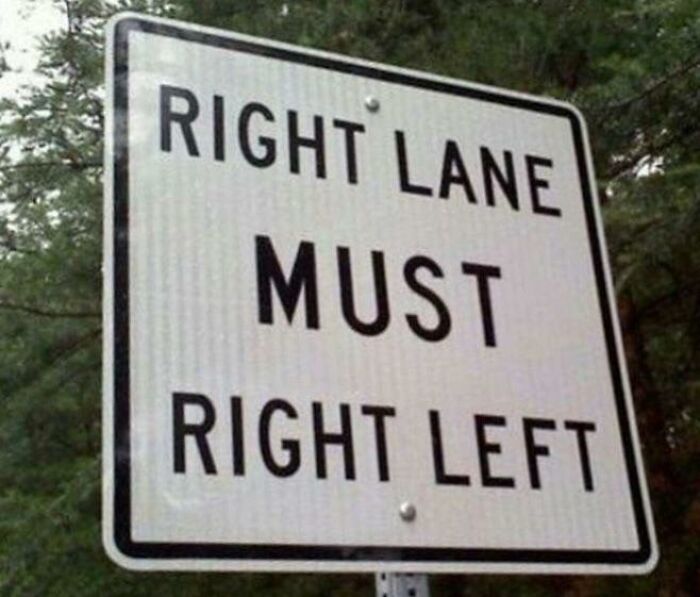 Confusing road sign showing contradictory directions, illustrating hilarious cases of hard-to-follow train of thought from online group.