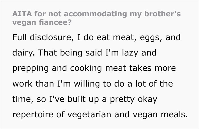 "She Could Eat Every Single Thing Served": Brother Angry At Family Member After His Vegan Fianc&eacute;e Goes Hungry At Dinner Despite The Food Being Vegan