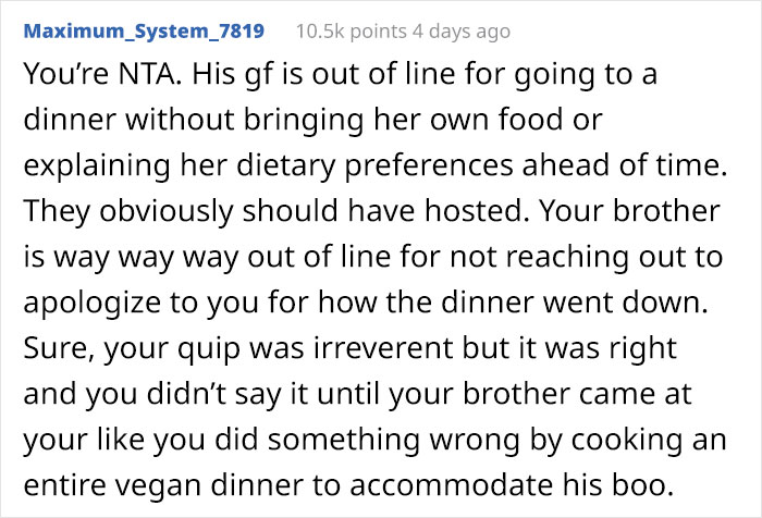 "She Could Eat Every Single Thing Served": Brother Angry At Family Member After His Vegan Fianc&eacute;e Goes Hungry At Dinner Despite The Food Being Vegan