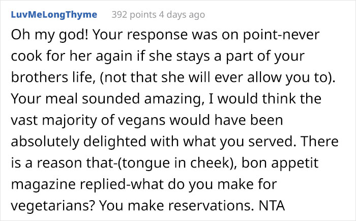 "She Could Eat Every Single Thing Served": Brother Angry At Family Member After His Vegan Fianc&eacute;e Goes Hungry At Dinner Despite The Food Being Vegan