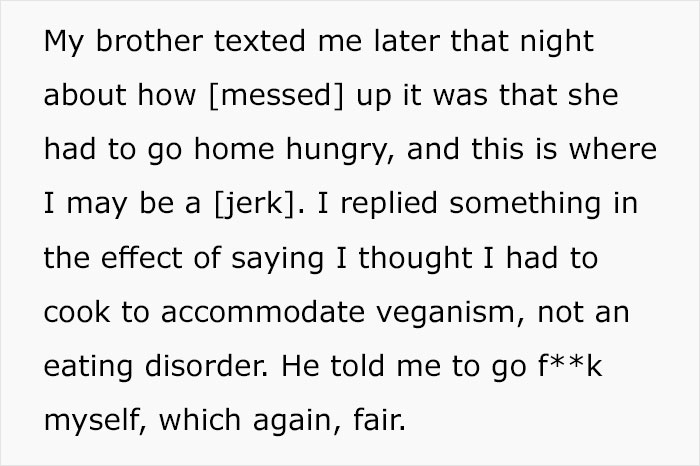 "She Could Eat Every Single Thing Served": Brother Angry At Family Member After His Vegan Fianc&eacute;e Goes Hungry At Dinner Despite The Food Being Vegan