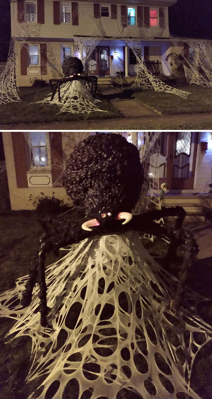 I Finally Put The Spider Outside But I Have To Add Many More Things. And Then Light It Up With Cool Colors. The Spiderwebs Took Forever To Cut And I'm Way Behind