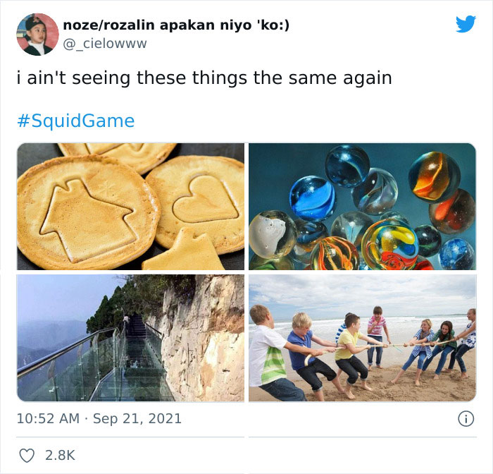 Squid Game inspired meme with cookies, marbles, a glass bridge, and tug-of-war, humorously altering perceptions.