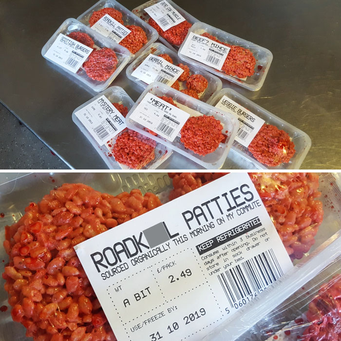 Tried My Hand At Those Red-Dyed Rice Krispy Treats For Halloween. Got The Trays From The Butchers, Made The Labels Myself