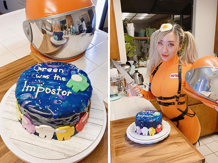 For Halloween, I Baked An Among Us Cake. First Time Doing Mirror Glaze