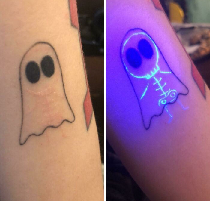 Glow-in-the-dark ghost tattoo reflecting a spooky Halloween theme, perfect for horror lovers.