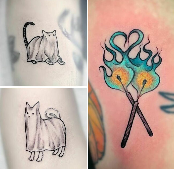 Halloween tattoos featuring ghostly cat and dog, and fiery heart design with matches. Spooky and creatively done art.