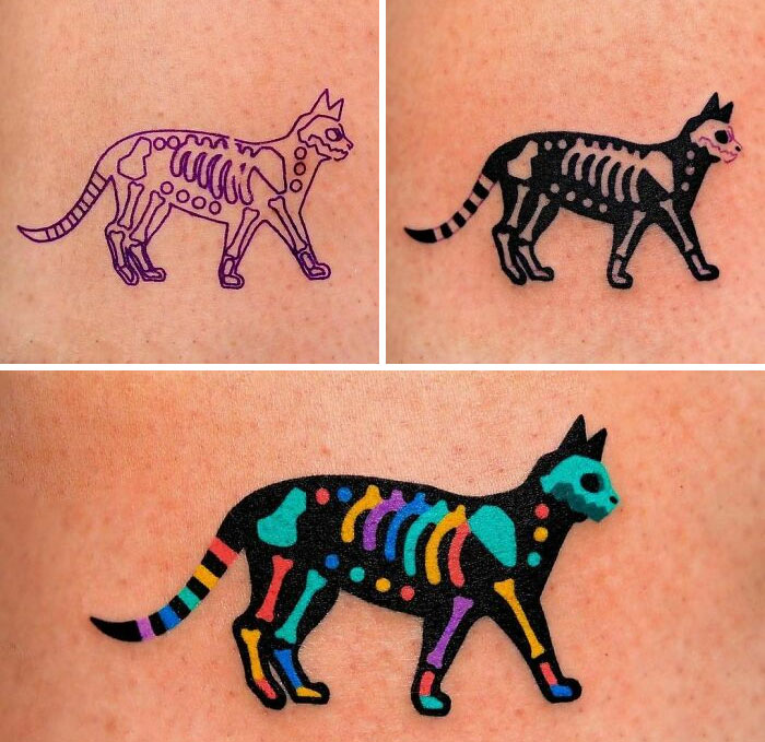 Spooky Halloween tattoos featuring colorful skeletal cat designs on skin.