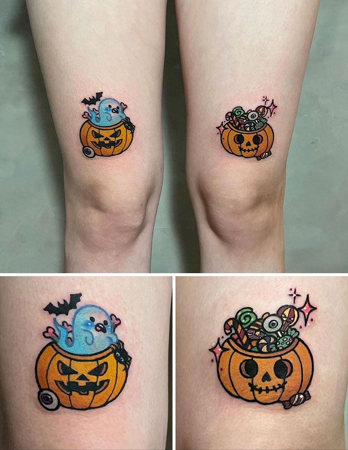 Spooky Halloween tattoos featuring pumpkins with ghost and candy on skin, showcasing vibrant, creative designs.