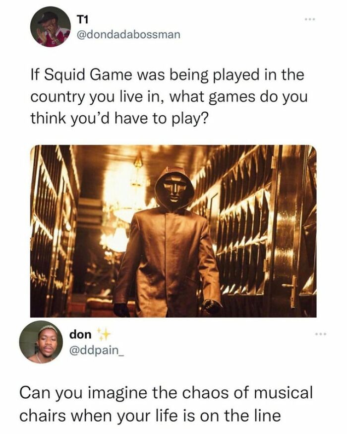 "Squid Game meme with a masked guard and tweets about playing games in different countries."