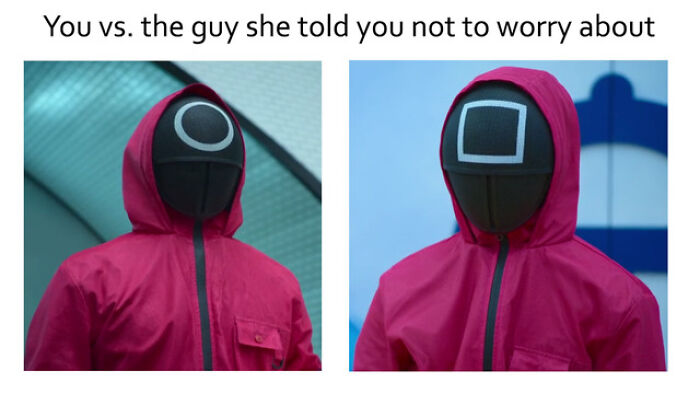 Squid Game meme showing two masked guards in red jumpsuits with different symbols on their masks.